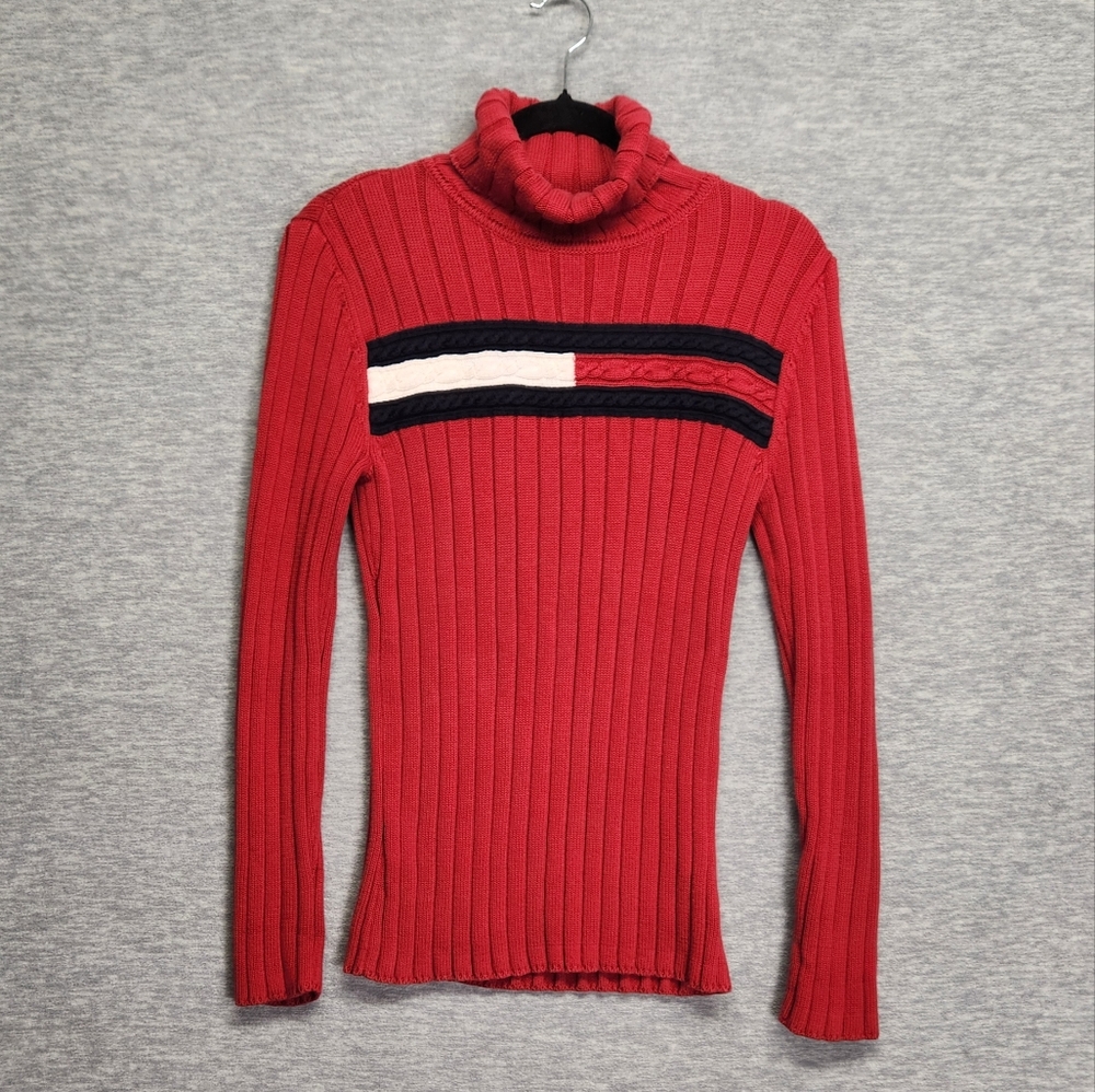 Vintage Y2K Tommy Hilfiger Knit Ribbed Chest Logo Turtleneck Sweater Womens M
